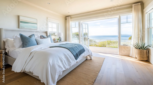 A bright and airy bedroom with hardwood floors and a beautiful ocean view. The room is decorated with clean, crisp linens, soft throw pillows, and a modern style.