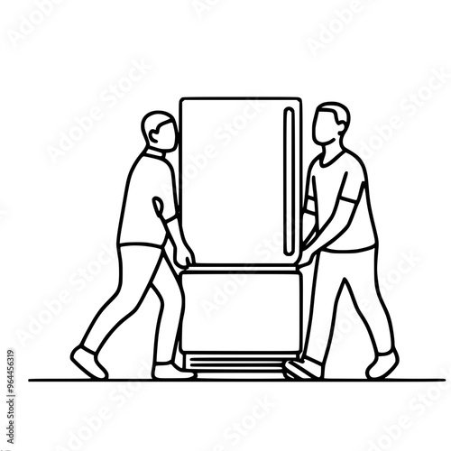 Two people carrying a refrigerator with a freezer underneath, showing teamwork and coordination in a minimalistic line vector drawing style