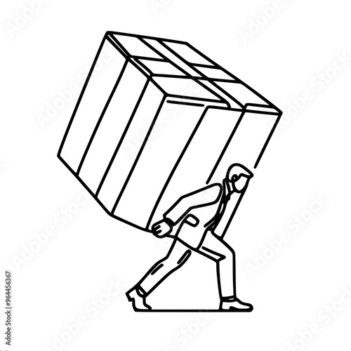 a man carries a huge cube on his back, demonstrating physical activity and effort in a minimalist line vector drawing style