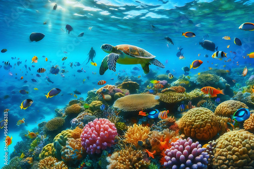 coral reef with fish , turtle background