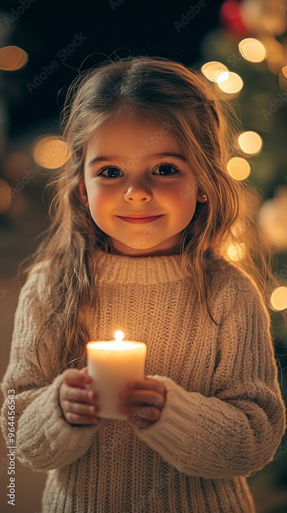 Enchanting portrait of a young child holding a glowing candle, radiating warmth and innocence against a backdrop of soft, twinkling holiday lights. Enchanting portrait of a young child holding a glowing candle, radiating warmth and innocence against a backdrop of soft, twinkling holiday lights.