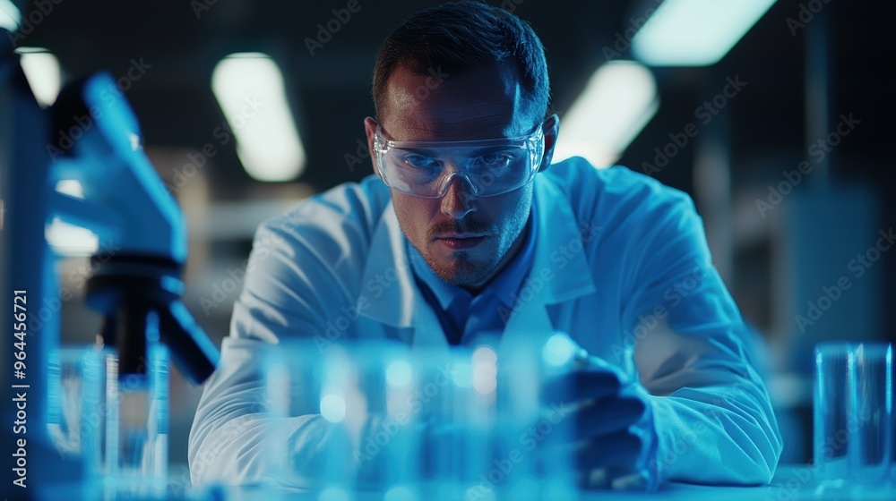 A scientist wearing protective goggles intensely focuses on an experiment in a laboratory, symbolizing precision, research, and scientific analysis. A scientist wearing protective goggles intensely focuses on an experiment in a laboratory, symbolizing precision, research, and scientific analysis.