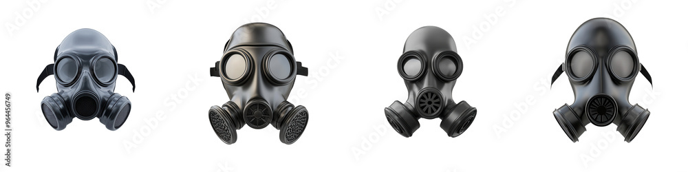 A collection of gas masks in various designs, showcasing their unique features and styles for safety and protective gear. isolated on a transparent background A collection of gas masks in various designs, showcasing their unique features and styles for safety and protective gear. isolated on a transparent background