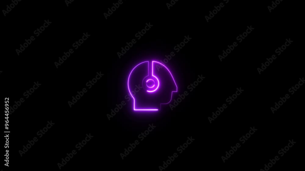 neon light Bright head side brain icon is jumping merrily on black background. neon light Bright head side brain icon is jumping merrily on black background.