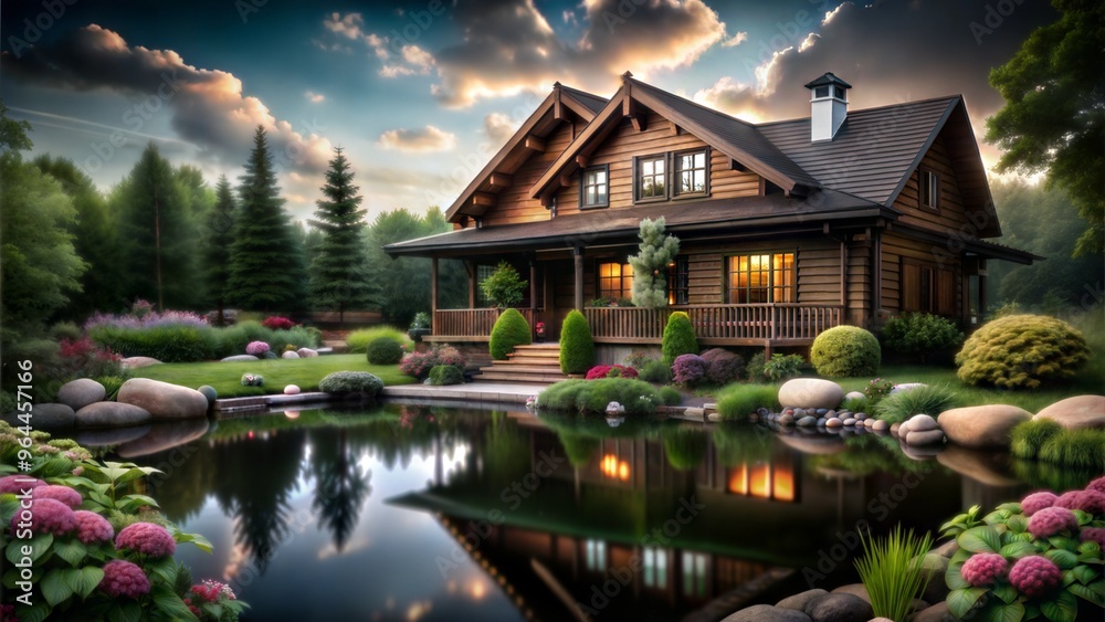 Cozy log cabin reflecting in serene pond at golden hour Cozy log cabin reflecting in serene pond at golden hour