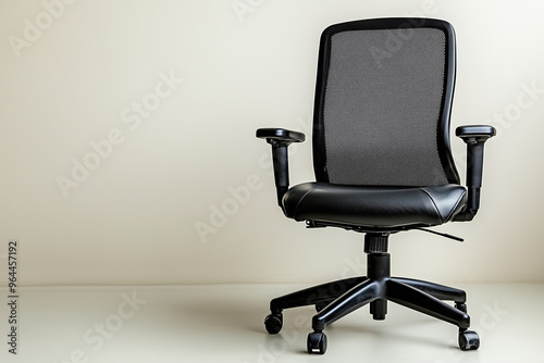 A sleek black office chair with ergonomic design, featuring a mesh backrest and cushioned leather seat.