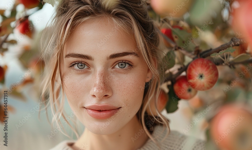 A woman with a serene smile, picking ripe apples from a tree in an orchard filled with fruit-laden branches and autumn foliage against a white backdrop. 4K hyperrealistic photo. A woman with a serene smile, picking ripe apples from a tree in an orchard filled with fruit-laden branches and autumn foliage against a white backdrop. 4K hyperrealistic photo.