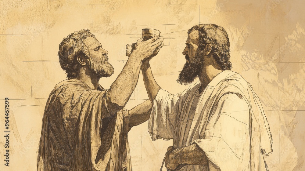 Fototapeta premium Exodus:The Priestly Garments Completed, Biblical Illustration of Moses Anointing Aaron with Oil, Consecrating Him in Completed Garments Before Israelites - Bible Wall Art on Beige Background