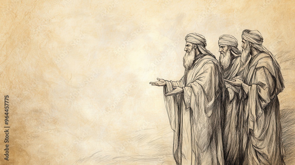 Naklejka premium Biblical Illustration of Moses blessing Bezalel and Oholiab, capturing their dedication and divine guidance in this Bible wall art with a beige background. Perfect for faith-inspired spaces.