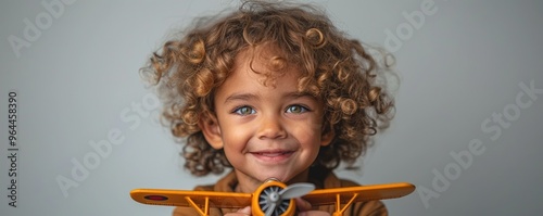 A child with a happy grin, playing with a toy airplane and pretending to fly it through the air against a plain white background. 4K hyperrealistic photo.