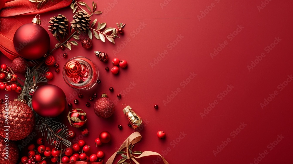 Festive red Christmas decorations and ornaments artfully arranged on a vibrant crimson background, creating a luxurious and elegant holiday composition. Festive red Christmas decorations and ornaments artfully arranged on a vibrant crimson background, creating a luxurious and elegant holiday composition.