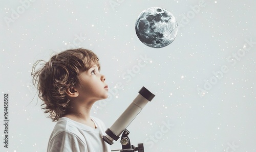 A child with a fascinated expression, observing a telescope aimed at the night sky with twinkling stars and a crescent moon against a plain white background. 4K hyperrealistic photo. photo