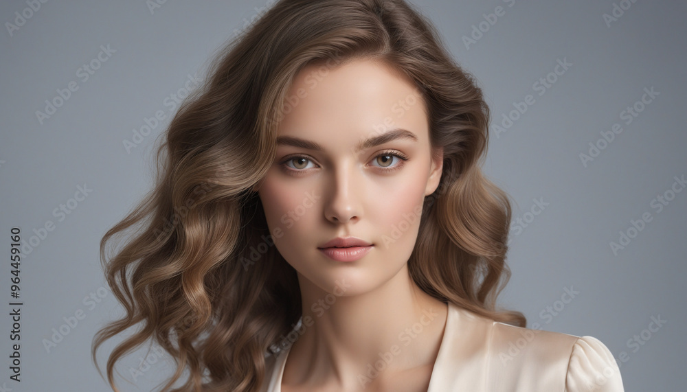 Elegant Portrait of a Young Woman with Wavy Hair and Natural Makeup