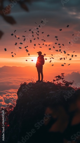 Silhouette of a Person Standing on a Mountaintop with Money Flying Around Them.