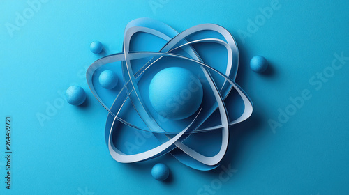 paper cut atom with electrons on color background, science, nuclear physics, atomic model, nucleus, scientific design, school, education, volumetric figure, geometric ornament, abstract wallpaper, art