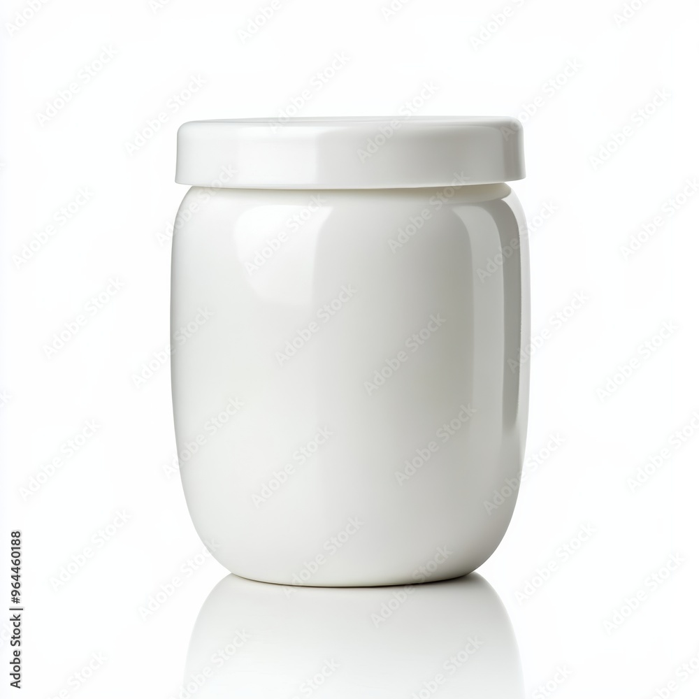 A blank, white yogurt container with a smooth lid, isolated on a white background with soft reflections A blank, white yogurt container with a smooth lid, isolated on a white background with soft reflections