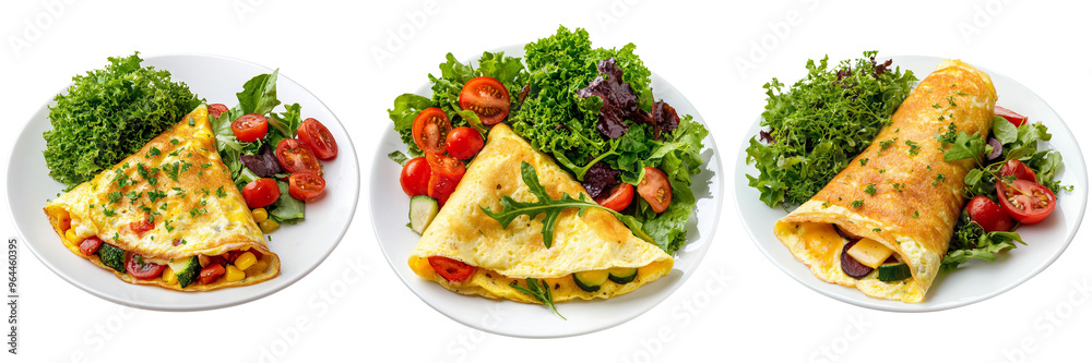 Delicious omelette dishes served with fresh salad and vegetables Delicious omelette dishes served with fresh salad and vegetables