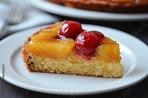 A slice of pineapple upside down cake with caramelized pineapple rings and cherries, served on a white plate