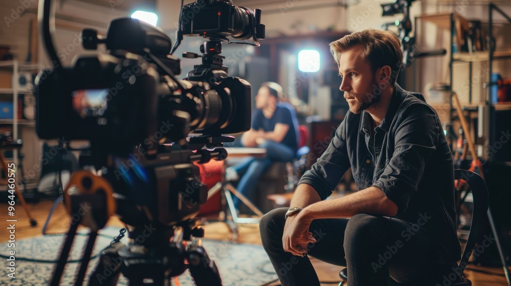 Assured film director seated with camera team in studio. Concept Film Directing, Camera Team, Studio Setting, Assured Director, Cinematic Vibe Assured film director seated with camera team in studio. Concept Film Directing, Camera Team, Studio Setting, Assured Director, Cinematic Vibe