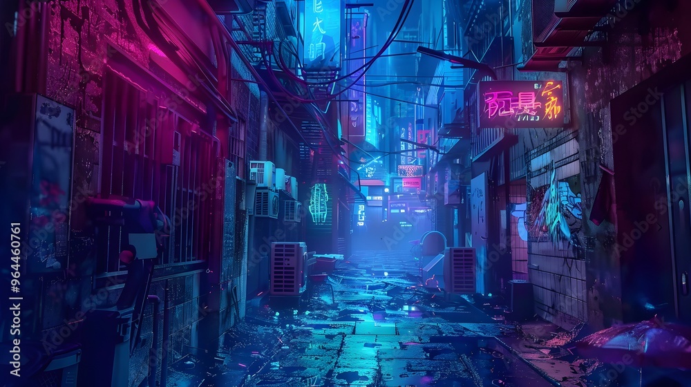 Dark street in cyberpunk city, gloomy alley with neon lighting Dark street in cyberpunk city, gloomy alley with neon lighting