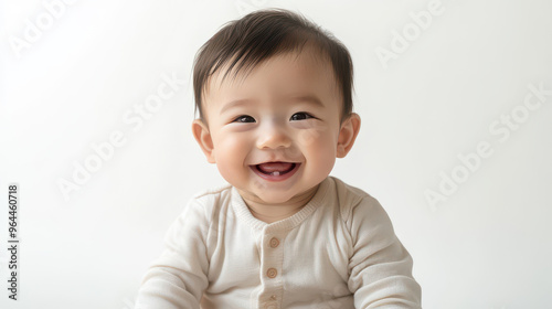 Portrait of Smiling Asian baby boy, sitting and content ,isolated on a pure white background