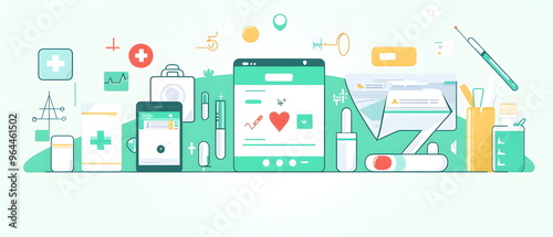 A flat illustration of a healthcare app interface, showing various icons for scheduling appointments, ordering medication, and health monitoring. Background consists of abstract medical symbols