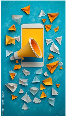 Smartphone with megaphone and paper airplanes. photo