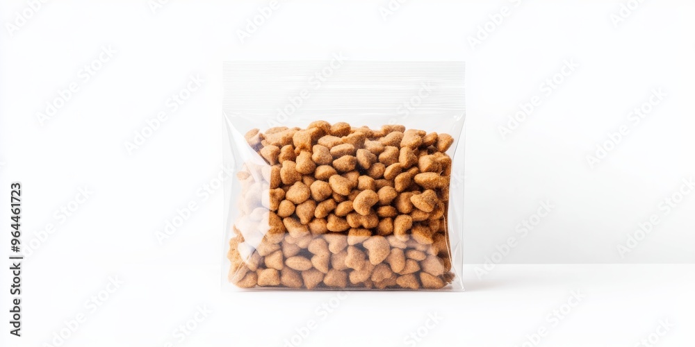 A clear plastic package containing dry pet food, isolated on a seamless white surface A clear plastic package containing dry pet food, isolated on a seamless white surface