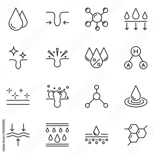 Skin care line icons set. Moisture cream, acid, anti wrinkle serum, ceramide, collagen, retinol compound, sunscreen vector illustration. Outline signs for skincare products property