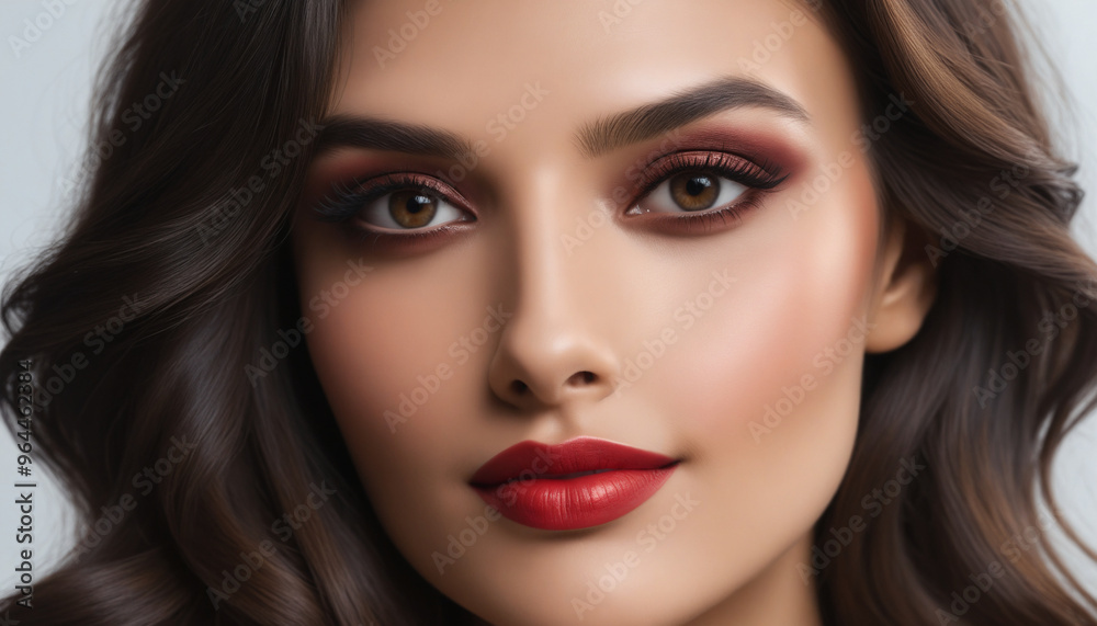 Fototapeta premium Stunning Portrait of a Young Woman with Glamorous Makeup and Flawless Complexion