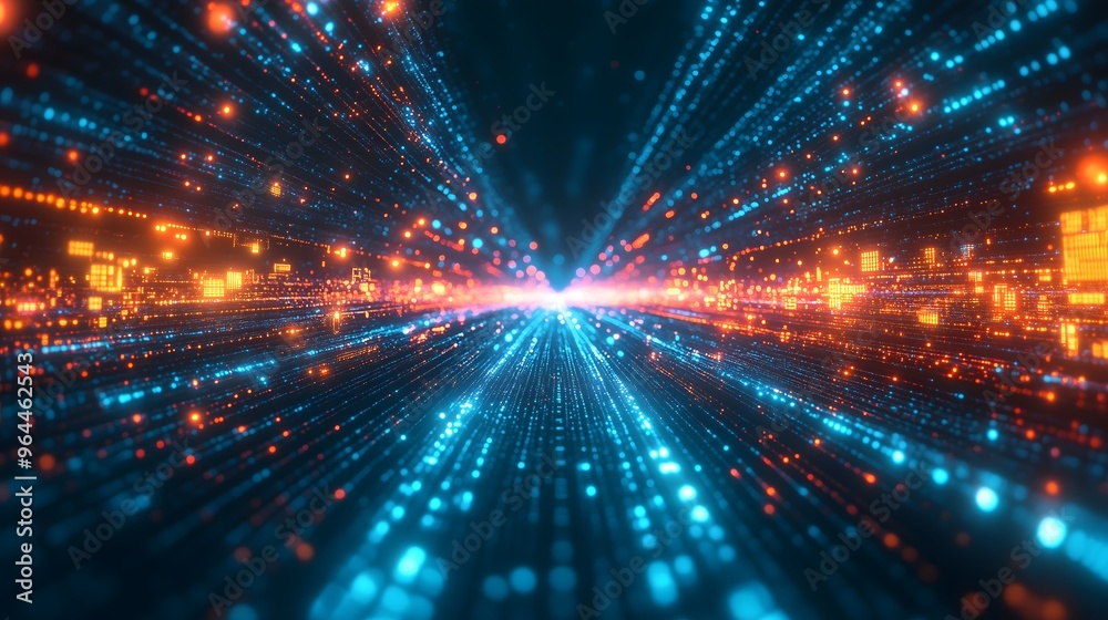 A futuristic internet traffic visual, glowing data packets flowing like particles through a vast network, real-time glitches causing reroutes, bright neon colors, high-energy design, electric blue an
A futuristic internet traffic visual, glowing data packets flowing like particles through a vast network, real-time glitches causing reroutes, bright neon colors, high-energy design, electric blue an