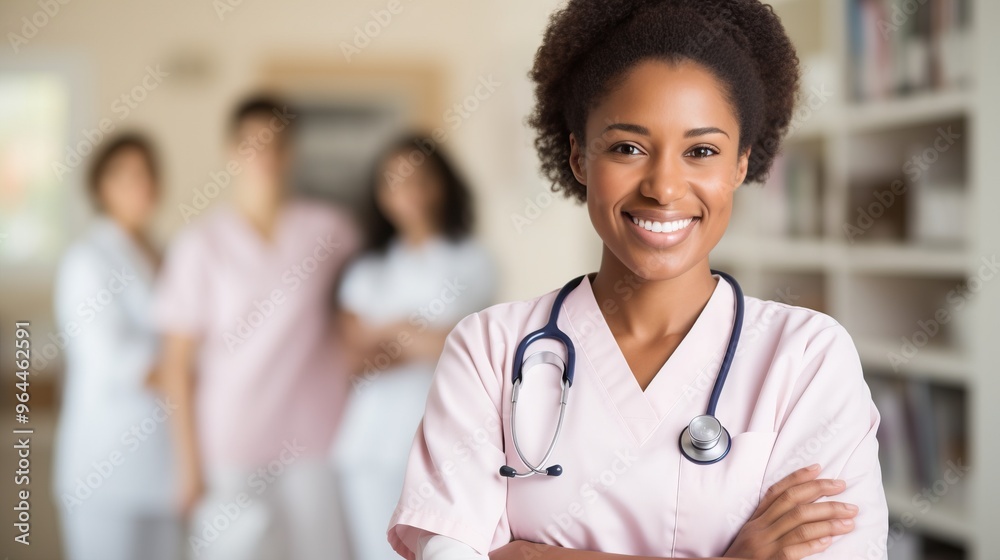 Friendly female medical professional in white coat with stethoscope, smiling at camera Friendly female medical professional in white coat with stethoscope, smiling at camera