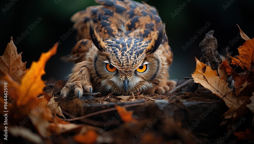 Close up of a fierce owl crouching amidst autumn leaves, showcasing its striking eyes and feather details Close up of a fierce owl crouching amidst autumn leaves, showcasing its striking eyes and feather details