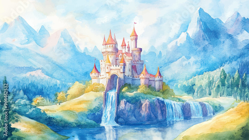 Fairy-Tale Castle Of The Princess On Background Of Meadows And Huge Mountains With Waterfalls Watercolor Illustration For Childrens Book Meadows Majestic Mountains Kids Storybook