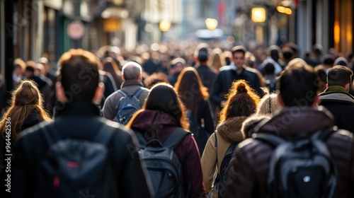 Crowded city street with people walking, commuting and shopping