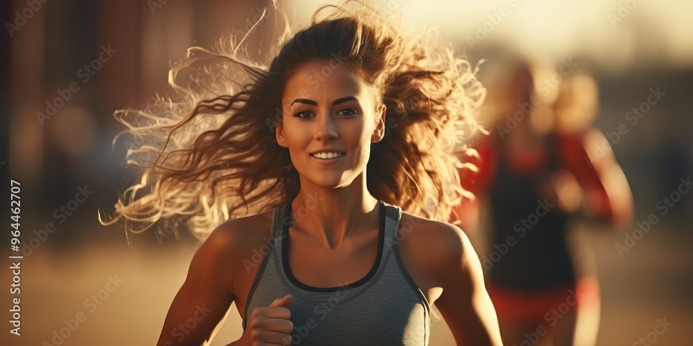 Smiling female runner with long brown hair running outdoors during sunset, focus on determination and fitness goals Smiling female runner with long brown hair running outdoors during sunset, focus on determination and fitness goals