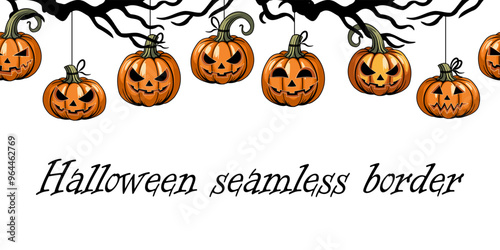 seamless Halloween border, background, stripe. vector illustration of a repeating pattern with lots of grinning pumpkins hanging from the gnarled branches of a tree. isolated on a white background