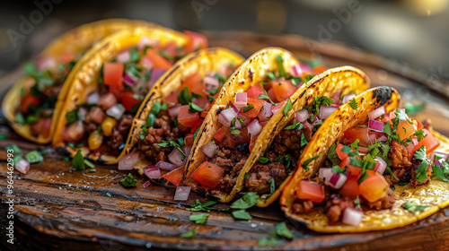 A plate of four tacos with onions, tomatoes, and cilantro. The tacos are on a wooden board and are garnished with fresh herbs