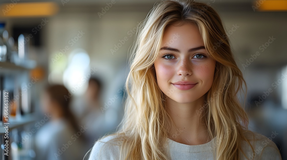 A close-up shot of a 24-year-old stunning blonde Canadian supermodel standing confidently in a university lab, smiling at the camera, dressed in casual academic attire, with detailed facial features
A close-up shot of a 24-year-old stunning blonde Canadian supermodel standing confidently in a university lab, smiling at the camera, dressed in casual academic attire, with detailed facial features