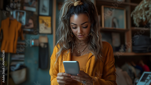 
A portrait shot of a female dropshipper scanning a QR code on her smartphone for an online order, in a chic office setting with fashion items around, shot with a Canon EOS-1D X Mark III, 50mm f/1.4 l photo