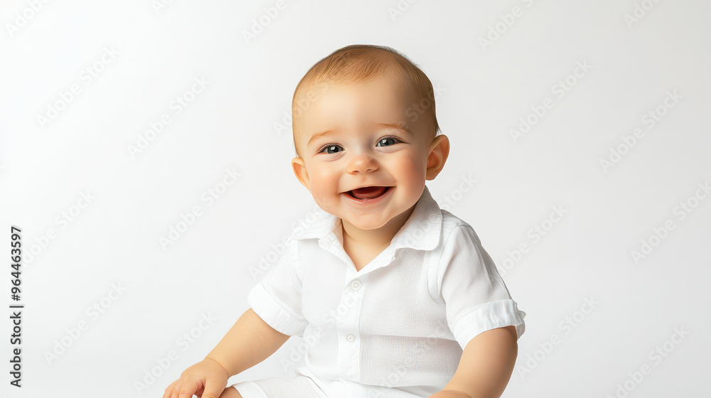 Portrait of Caucasian baby boy in white clothes, sitting and smiling ,isolated on a pure white background Portrait of Caucasian baby boy in white clothes, sitting and smiling ,isolated on a pure white background