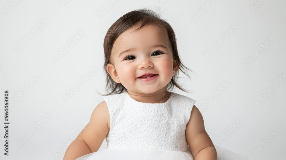 Portrait of Smiling Latina baby girl in white dress, sitting contentedly ,isolated on a pure white background Portrait of Smiling Latina baby girl in white dress, sitting contentedly ,isolated on a pure white background