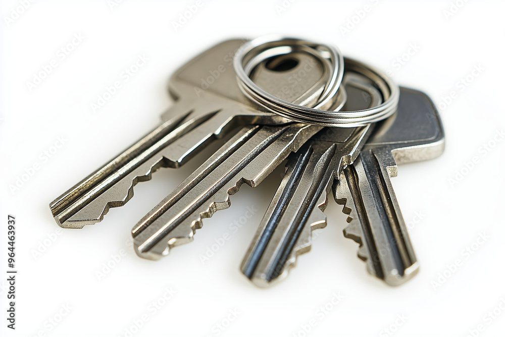 A high-resolution close-up image of two metal keys connected by keyrings A high-resolution close-up image of two metal keys connected by keyrings