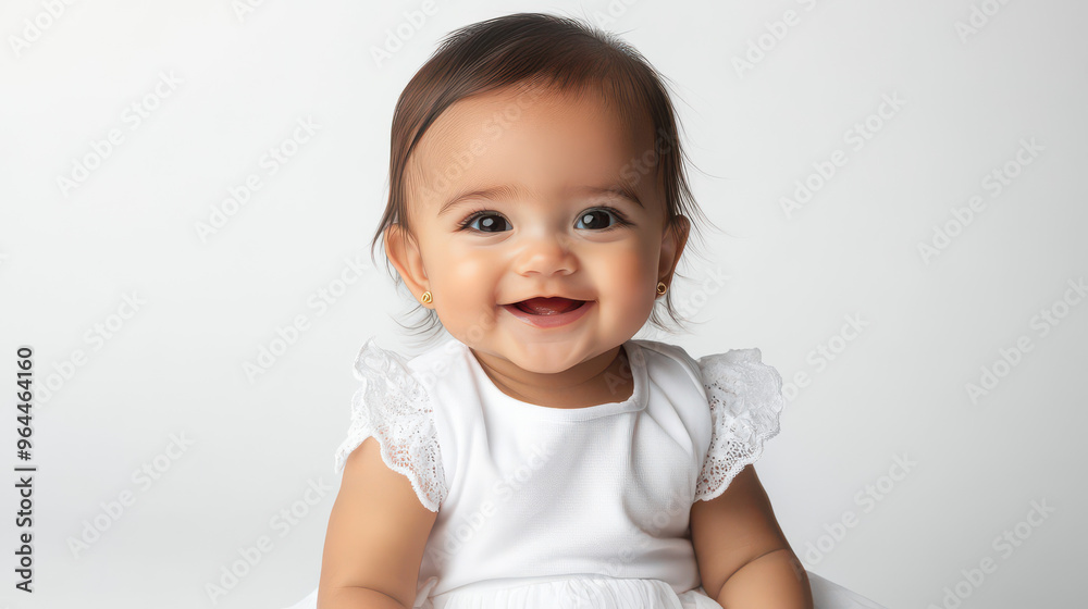 Portrait of Happy Hispanic baby girl in white clothes, sitting contentedly ,isolated on a pure white background Portrait of Happy Hispanic baby girl in white clothes, sitting contentedly ,isolated on a pure white background