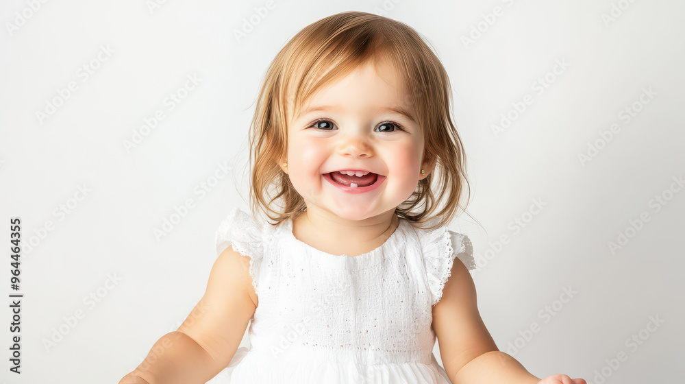 Portrait of Happy Caucasian toddler girl in white dress, sitting with a big smile ,isolated on a pure white background Portrait of Happy Caucasian toddler girl in white dress, sitting with a big smile ,isolated on a pure white background