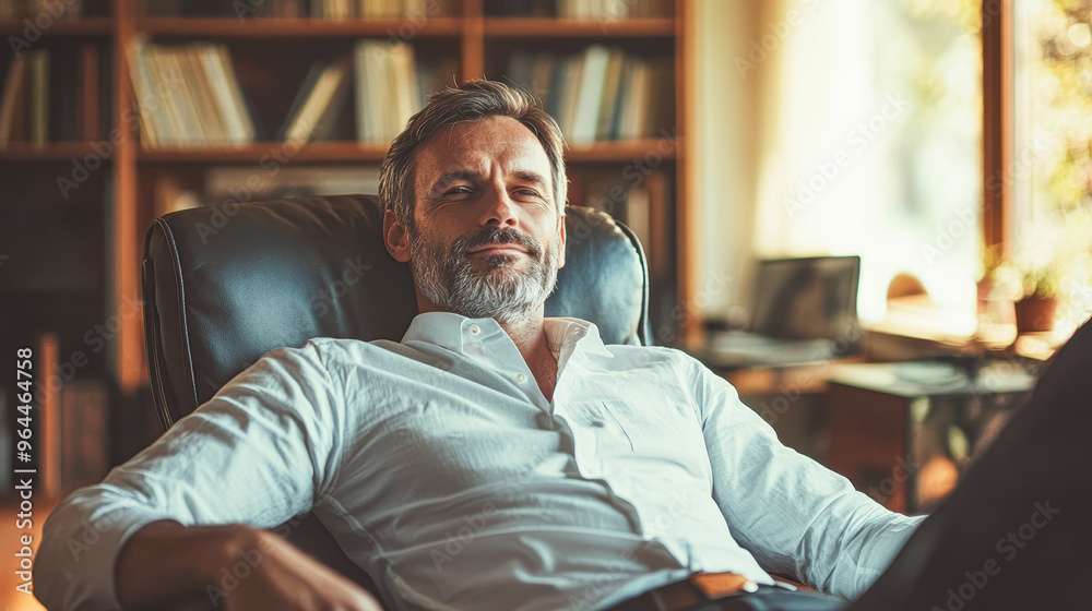 Fototapeta premium A man is sitting in a chair with his legs crossed and a book behind him