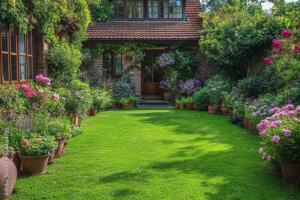 Naklejka premium Summer Garden with Flowers and House.