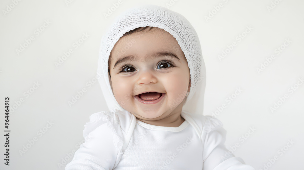 Portrait of Smiling Middle Eastern baby girl in white attire, sitting happily ,isolated on a pure white background Portrait of Smiling Middle Eastern baby girl in white attire, sitting happily ,isolated on a pure white background