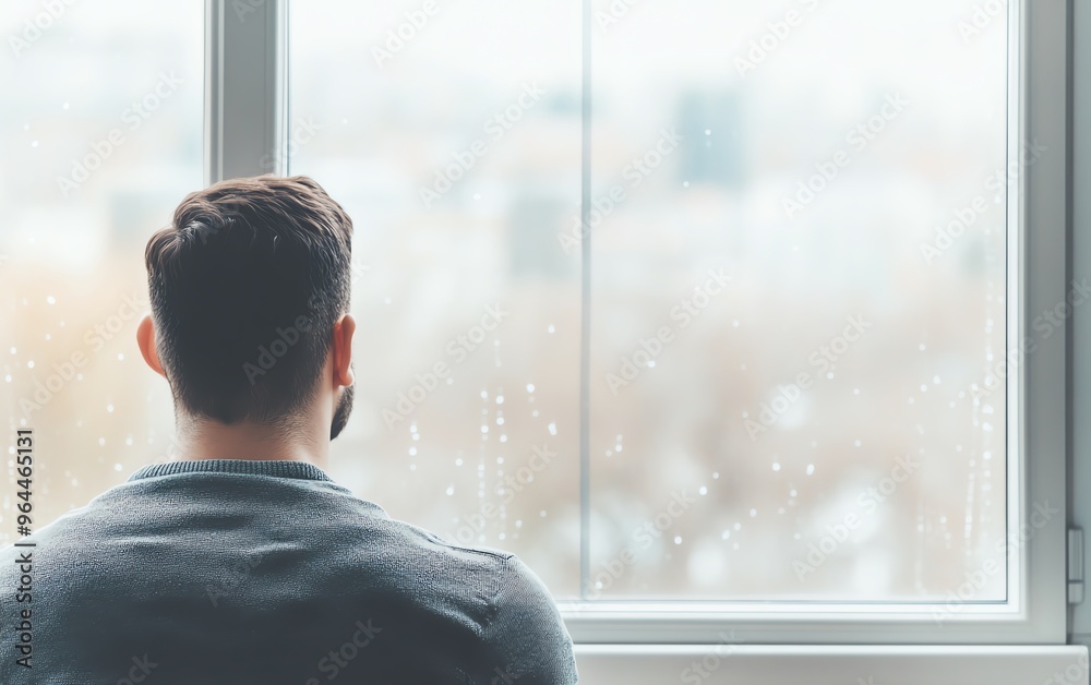 A man looks out a window at the city. A man looks out a window at the city.