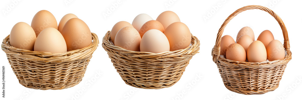 Three wicker baskets filled with fresh brown and white eggs Three wicker baskets filled with fresh brown and white eggs
